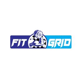 "Logo met tekst 'FIT GRID', en afbeelding van een arm die een halter optilt in het midden."