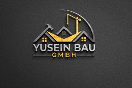 Logo der Yusein Bau GmbH mit Häusern, Kran und Hammer auf dunklem Hintergrund.
