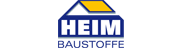 Logo des Unternehmens "HEIM BAUSTOFFE" in Blau mit Dachsymbol in Gelb und Blau.
