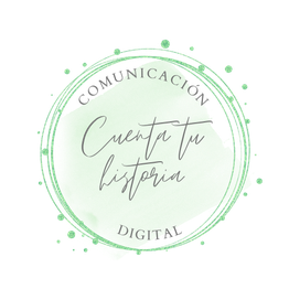 Sello verde con texto "Cuenta tu historia" y "Comunicación Digital" en el borde circular.