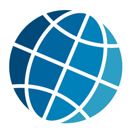 Blaues Globus-Logo mit weißen Linien, die Längen- und Breitengrade darstellen.