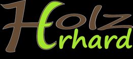 „Holz Erhard“-Logo in Braun und Grün auf schwarzem Hintergrund.