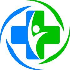 Blue and green medical cross with person icon and swirling lines.