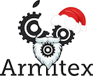 Logotipo de engranajes que forman cara con barba blanca y gorro navideño, texto "Armitex".