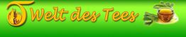 Text "Welt des Tees" auf grünem Hintergrund mit Teetasse und Blättern.