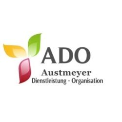 Logo mit buntem Blattdesign und dem Text: "ADO Austmeyer Dienstleistung - Organisation".