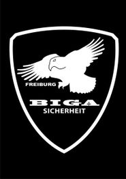 Schwarzes Schildlogo mit einem weißen Adler und Text: "Freiburg BIGA Sicherheit".