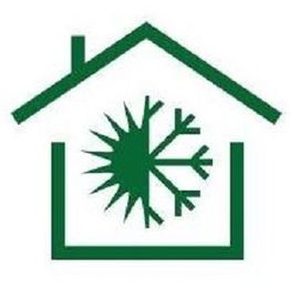 Green house outline with combined sun and snowflake symbol inside.