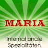 Grüne Grafik mit Schriftzügen "MARIA" und "Internationale Spezialitäten" auf weißem Hintergrund.