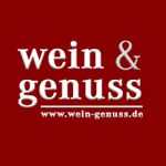 Rotes Logo mit weißem Text: "wein & genuss" und Website "www.wein-genuss.de".