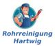 Eine Cartoon-Figur mit Latzhose hält eine Rohrzange. Text: "Rohrreinigung Hartwig".