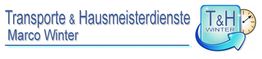 Logo mit Text: "Transporte & Hausmeisterdienste Marco Winter", Uhr und Pfeil-Symbol.