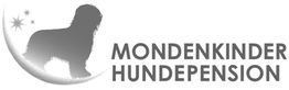 Logo: Silhouette eines Hundes mit Sternen und Text "Mondenkinder Hundepension".