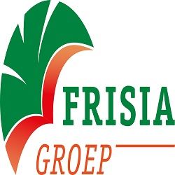 Logo van Frisia Groep met groene palm en rode accenten.