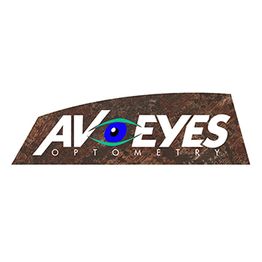 Logo for AV Optometry featuring a stylized eye in place of the "O" on a brown background.