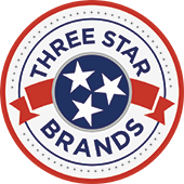 Logo with three stars and text "Three Star Brands" on a red and blue circular design.