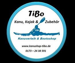 Geschäftslogo von TiBo für Kanuverleih und Bootsshop mit Website und Telefonnummer.