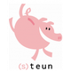 Roze varken met de tekst "(s)teun" eronder.