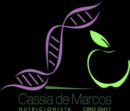 Logo com DNA roxo e maçã verde, escrito "Cassia de Marcos Nutricionista CRN3 25417".