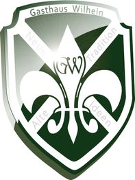 Wappen mit Lilie, Text: Gasthaus Wilhein, Neue Tradition, Alte Ideen, GW in der Mitte.