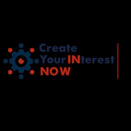 Texto “Create Your INterest NOW” con un engranaje azul y naranja sobre fondo negro.