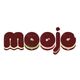 Text "moojo" styled as chocolate and cookies on a white background.