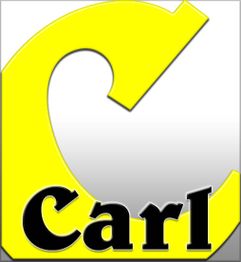 Gelbes "C" auf weißem Hintergrund. Darunter in Schwarz der Schriftzug "Carl".