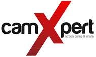 Logo mit Text "camXpert - action cams & more", großer roter Buchstabe "X".