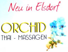 "Werbung für Orchid Thai-Massagen in Elsdorf mit blauen Blüten im Design."