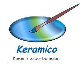 Logo mit Pinsel auf Teller und Schriftzug "Keramico - Keramik selber bemalen".