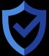 Blaues Schutzschild mit Häkchen-Symbol auf schwarzem Hintergrund.