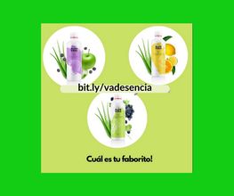 Tres botellas de bebida con aloe, uva, limón y manzana sobre fondo verde. Texto: "Cuál es tu favorito?"