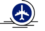 Symbol eines startenden Flugzeugs in einem blauen Kreis vor stilisierten Wellenlinien.