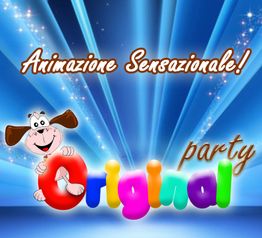 Cane felice sopra la parola "Original" colorata; sfondo blu con luci e scritta "Animazione Sensazionale!".