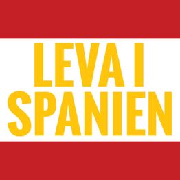 Texto amarillo "LEVA I SPANIEN" en fondo rojo y blanco.