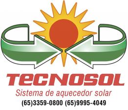 Logotipo da Tecnosol com sol, setas verdes e números de telefone para contato.