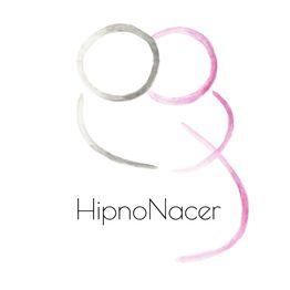 Dibujo abstracto con círculos y líneas, texto "HipnoNacer" debajo en fondo blanco.