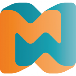 Buchstabe "M" in Orange und Blau, stilisiert und ineinander verschlungen.