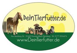 Ovale Werbung mit Tieren und "DeinTierfutter.de" Text, gelber Hintergrund oben, grüne Basis unten.