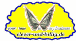 Gelbes Logo mit Text: "your time is my business, clever-und-billig.de", Dollarnote als Schmetterling.