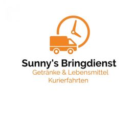 Orange Logo mit Uhr, Lieferwagen und Text: "Sunny's Bringdienst, Getränke & Lebensmittel, Kurierfahrten".