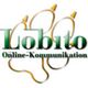 Logo mit Text "Lobito Online-Kommunikation" und goldenen Linien im Hintergrund.