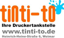 Logo von tinti-to mit der Aufschrift "Ihre Druckertankstelle" und einer blauen Farbspritzer-Grafik.
