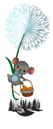 Niedliche Maus schwingt an Löwenzahn, trägt Korb. Unten eine Waldlandschaft mit Fluss.