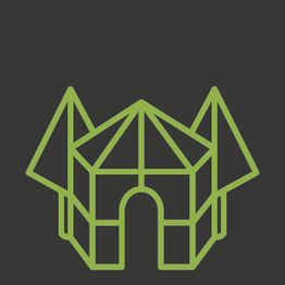 Grünes, geometrisches Logo eines Gebäudes auf dunkelgrauem Hintergrund.