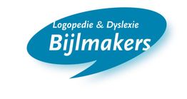 Blauw logo met tekst: "Logopedie & Dyslexie Bijlmakers" in een spraakballon.