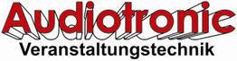 Logo mit rotem Text "Audiotronic", darunter schwarzer Text "Veranstaltungstechnik".