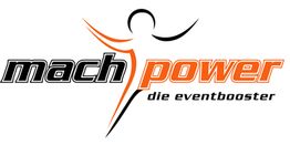 "Schwarzes und oranges Logo mit Text: machpower, die eventbooster. Abstrakte Figur im Hintergrund."
