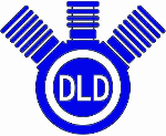 Blaues Konstruktionslogo eines Motors mit "DLD" in der Mitte.