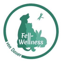 Hund, Katze, Kaninchen-Silhouetten und eine Libelle im Logo von "Fell-Wellness von Dauer".